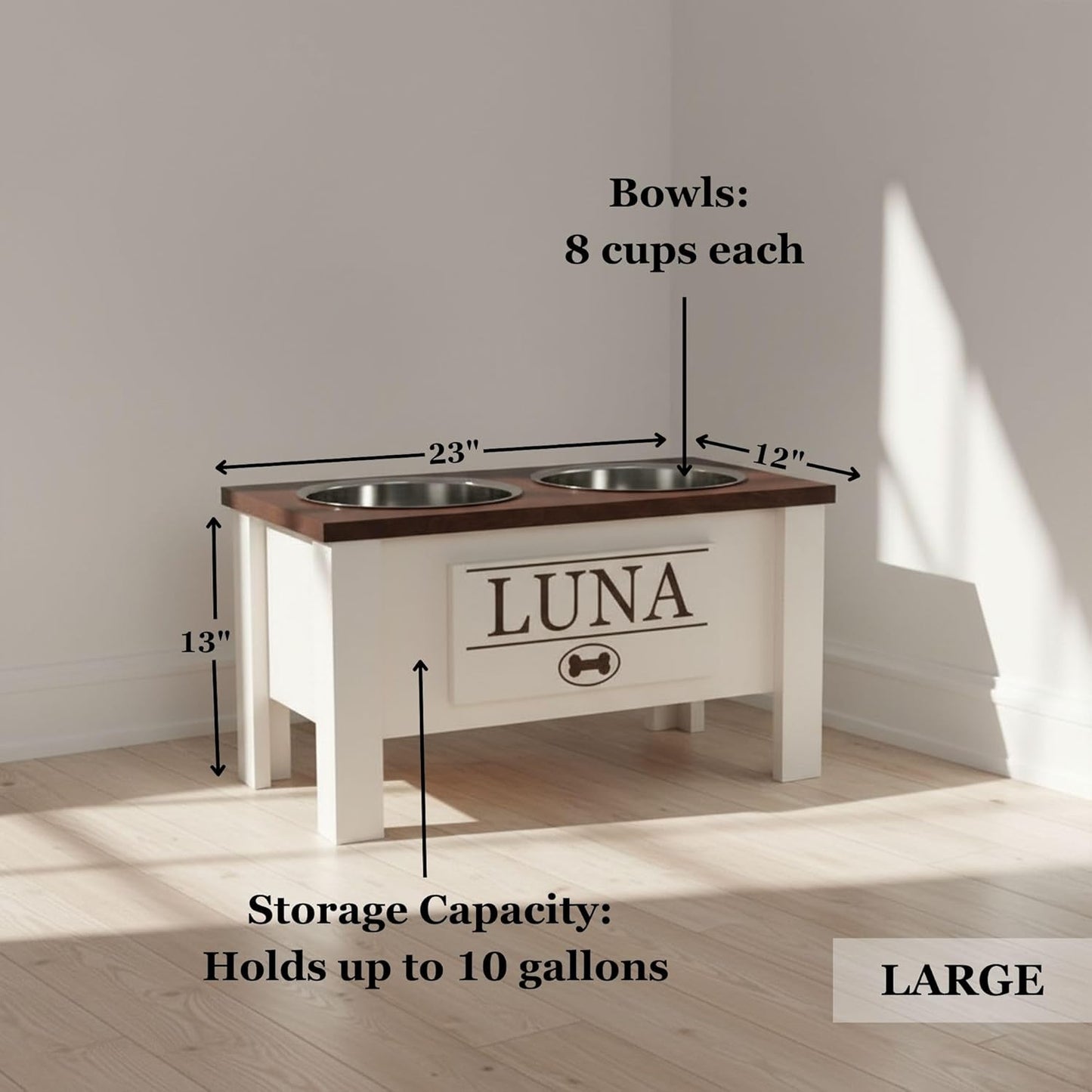 GrooveThis Woodshop - Personalized Elevated Dog Bowl Stand for Large, Medium, Small, X-Small Dogs - Stainless Steel Food and Water Bowls - Raised Dog Dish with Internal Storage (Large, Black)