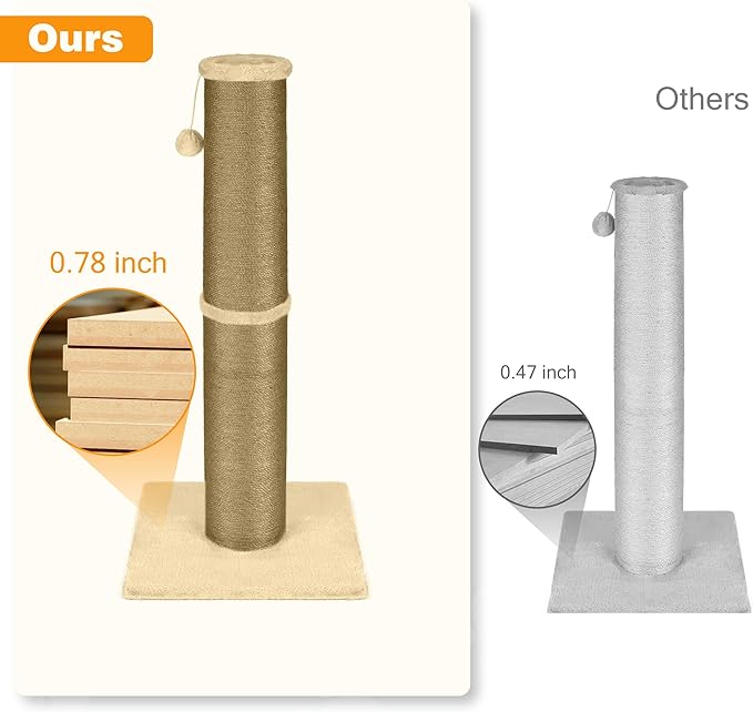 PAWSCRAT Cat Scratching Post 32 Inch High, 5.5 Inch Large Diameter Natural Sisal Cat Scratch Post, Scratch-Resistant and Durable Tall Cat Scratcher for Indoor Cats, Protect Your Furniture, Yellow