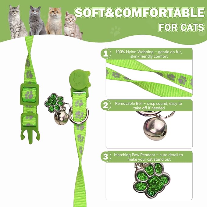 4PCS Breakaway Cat Collars,Reflective Cat Collar with Bells,Kitten Collars for Boy&Girl Cats Breakaway Collar for Cats with Paw Pendant 7.5-12.6 Inch(Black+Blue+Green+Grey)