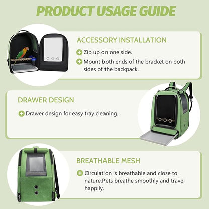 Bird Backpack Carrier,Bird Travel cage Backpack with Tray and Standing Perch,Feeding Tank,Waterproof pad,Used for Parakeets,hornbirds,Lovebirds,Small and Medium-Sized Bird