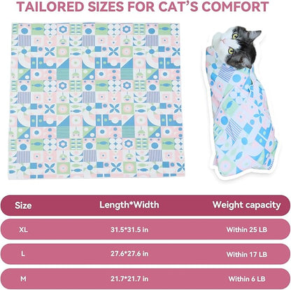 Cat Grooming Wrap for Cutting Nails, 27.6" Anti-Escape Calming Cat Swaddle Wrap for Medicine, Nail Clipping, Teeth Brushing, Ear Cleaning, Self-Adherent Burrito Restraint, (Geometric Fish, L)