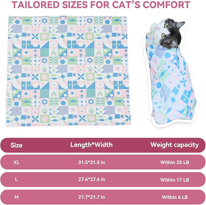 Cat Grooming Wrap for Cutting Nails, 31.5" Anti-Escape Calming Cat Swaddle Wrap for Medicine, Nail Clipping, Teeth Brushing, Ear Cleaning, Self-Adherent Burrito Restraint, (Geometric Fish, XL)