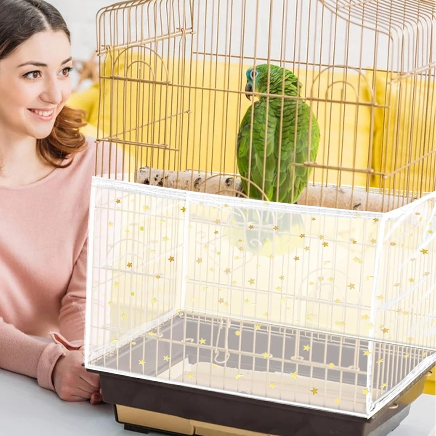 Daoeny Large Bird Cage Cover, Bird Cage Seed Catcher, Adjustable Soft Nylon Mesh Net with Twinkle Moon Star, Birdcage Cover Skirt Seed Guard for Parrot Parakeet Macaw Round Square Cages (White)