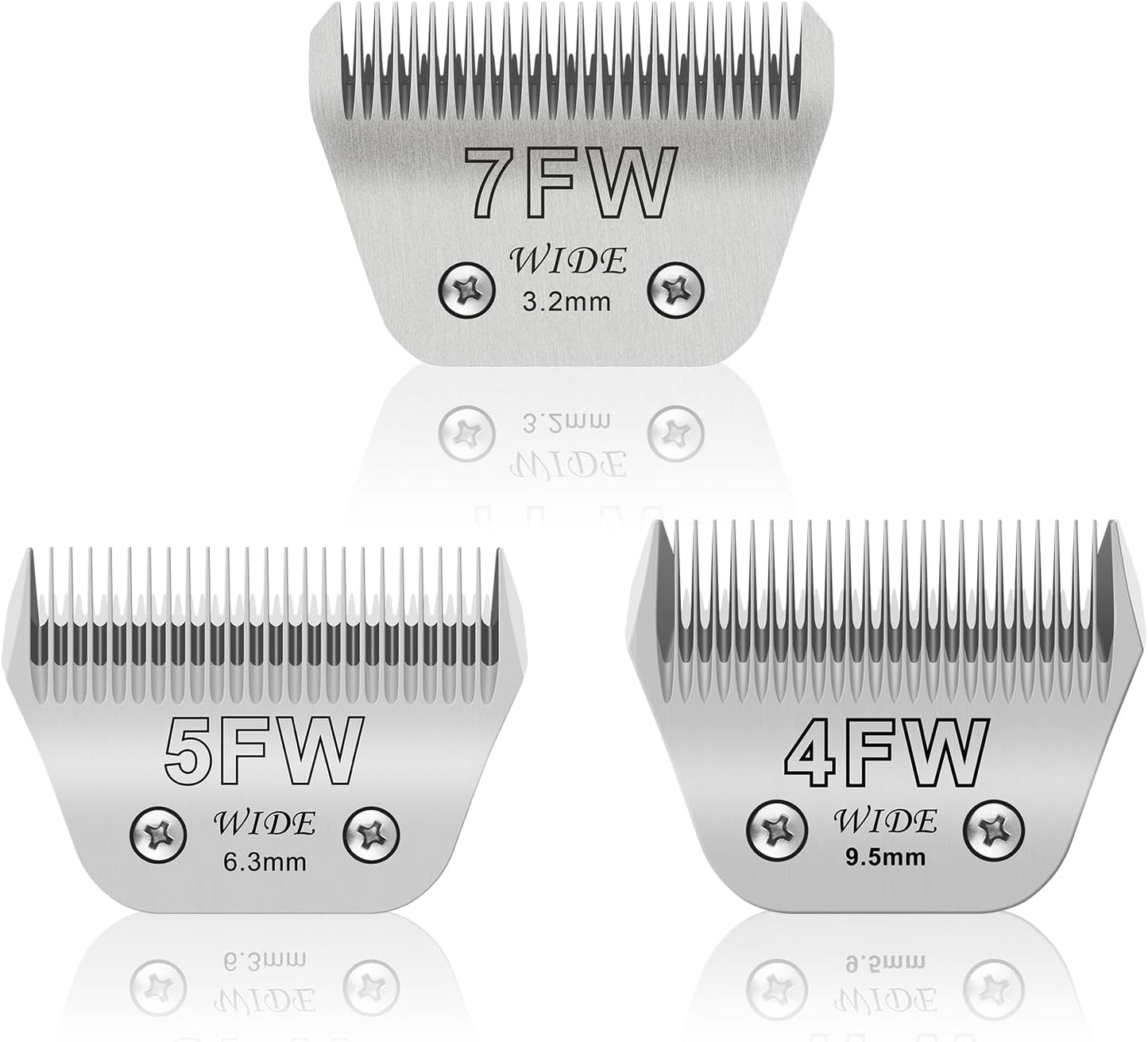 7FW+5FW+4FW Wide Pet Dog Grooming Detachable Blades Kit,Compatible with Andis,Oster A5,Wahl KM10 Clippers,Cut Length 1/8"(3.2mm) to 3/8" (9.5mm),Fit for Larger Animals