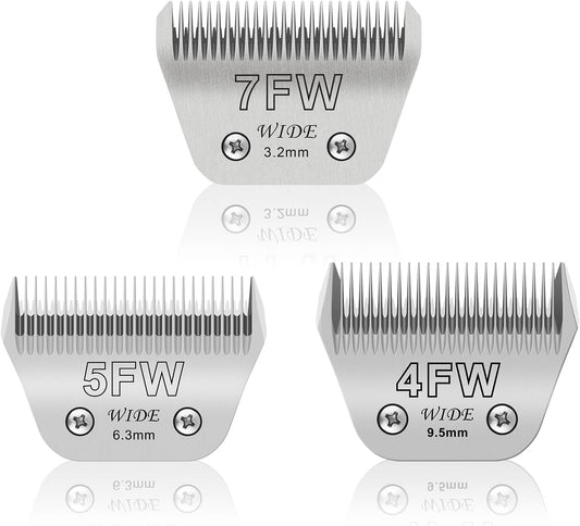 7FW+5FW+4FW Wide Pet Dog Grooming Detachable Blades Kit,Compatible with Andis,Oster A5,Wahl KM10 Clippers,Cut Length 1/8"(3.2mm) to 3/8" (9.5mm),Fit for Larger Animals