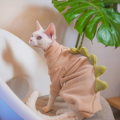 Dinosaur Sphynx Cat Clothes, Soft Polar Fleece Sweater for Cat, Elastic Pet Clothes Thick Winter Warm Outfit for Hairless Cat, Devon, Cornish, Small Dogs Apparel with Sleeves (Khaki, Large)