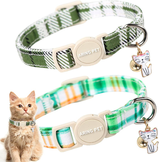 ARING PET 2 Pack Cat Collar-Cute Cotton Cat Collar with Bell & Pendant, Adjustable Spring Kitten Collars with Safety Buckle for Girl and Boy Pets