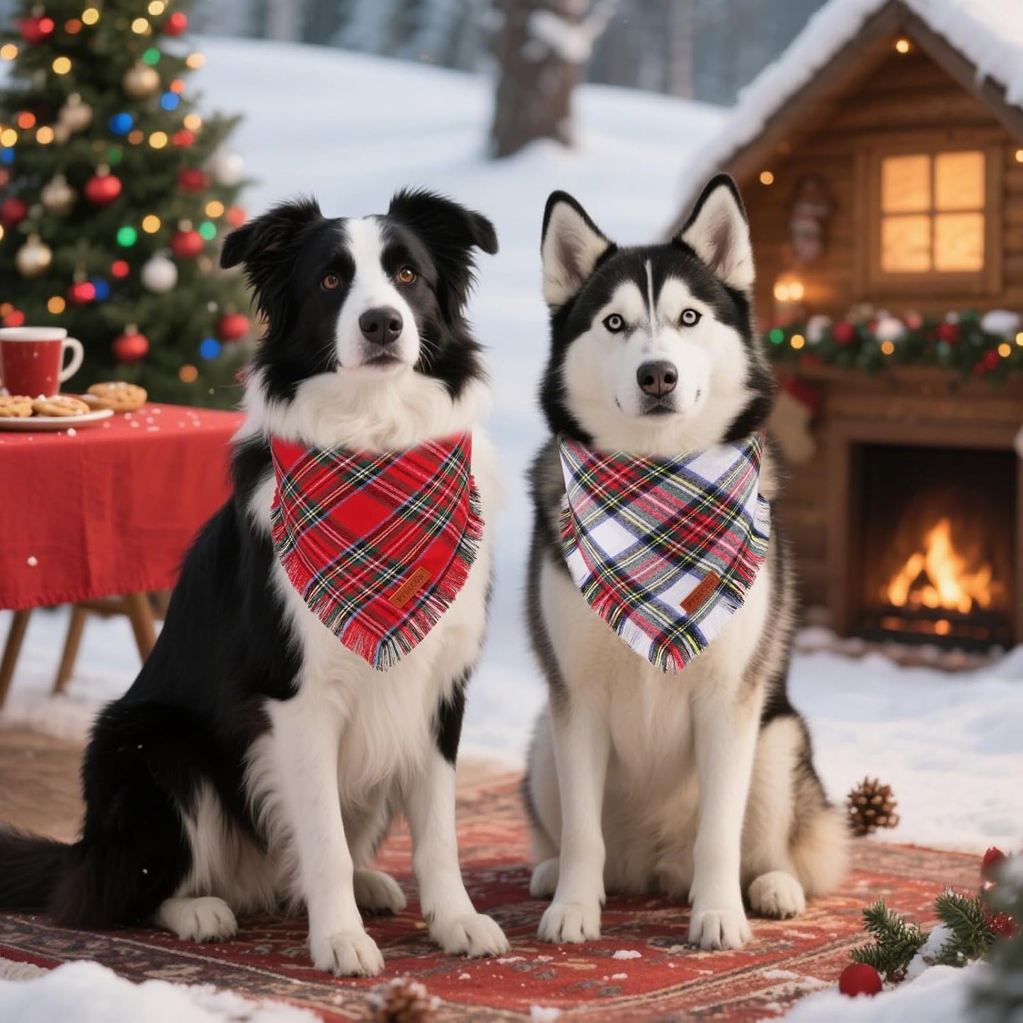 PTDECOR Christmas Dog Bandanas with Tassels Edges, Stylish Red White Plaid Scarf Bib, Premium Cotton Fabric, Reversible Triangle Xmas Bandanas for Medium Large Dogs Pets (Large)