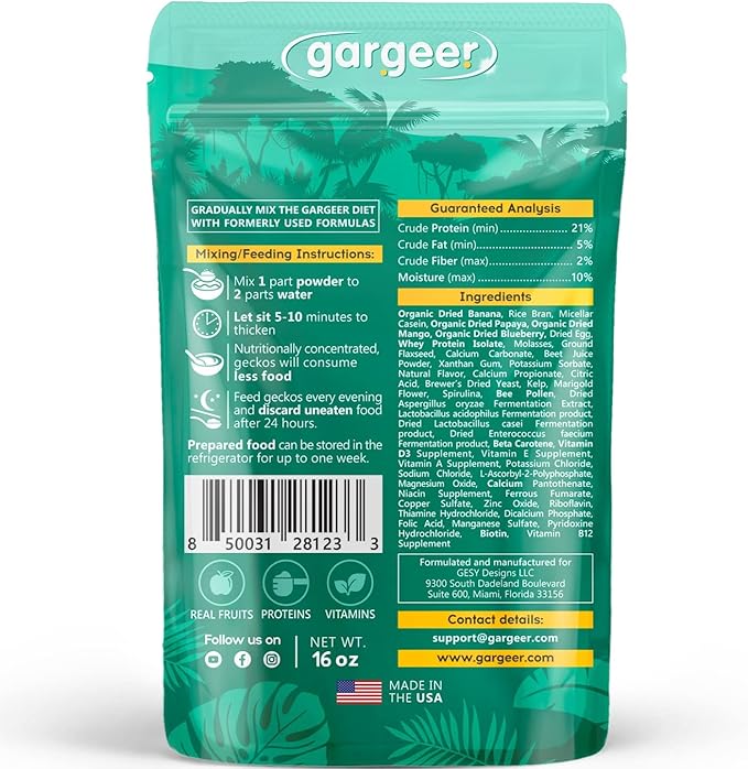 16oz Complete Crested Gecko Food Diet. Premium Ingredients Mix, Ready to Use Freshly Made Powder. Unique Superfood Formula, Developed & Made in The USA. Enjoy!