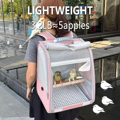 Bird Carrier Backpack, Portable Travel Bird Cage with Standing Perch, 2 Feeder Cups, Iron Mesh Stand & Removable Tray Lightweight, Breathable Mesh Window for Parrot Carrier，Easy Clean (Pink)