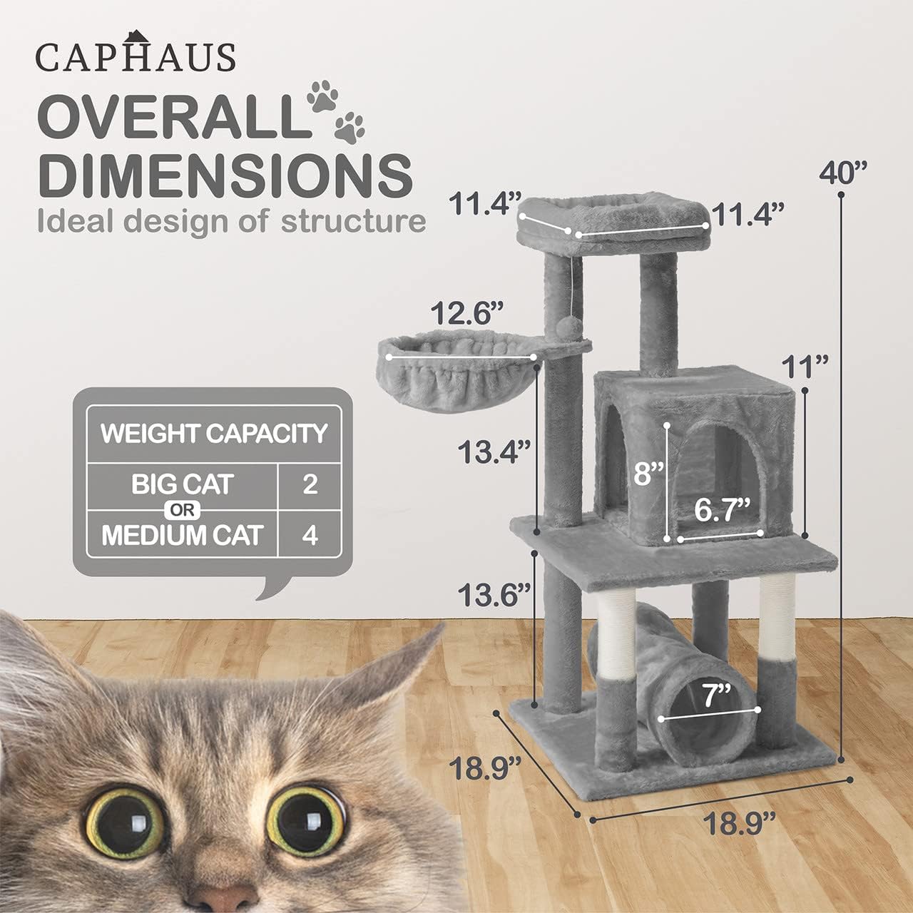 CAPHAUS Large Cat Tree with Scratching Posts, Cave Condo, 40-Inch Multi-Level Indoor Activity Structure with Basket for Cats, Modern Sisal Wrapped Design