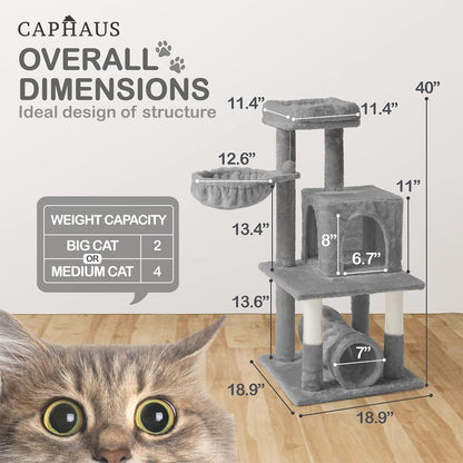 CAPHAUS Large Cat Tree with Scratching Posts, Cave Condo, 40-Inch Multi-Level Indoor Activity Structure with Basket for Cats, Modern Sisal Wrapped Design