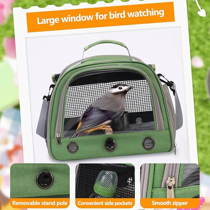 Bird Backpack,with Feeder Cups Tray Perch Portable Breathable Bird Carrier,for Small Birds Parrots Cockatiels (Green)