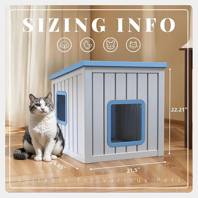 DRATO Outdoor Cat House,Waterproof PP Material Cat Houses for Feral Cats,Robust and Easy to Assemble,Feral Cat Shelter for Winter,Suitable for Cats, Rabbits and Other Small Animals (Blue, Small)