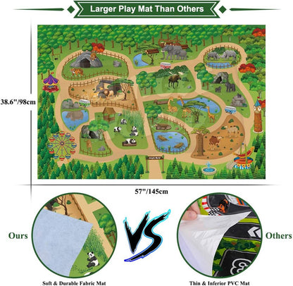 Mini Tudou 12 Pcs Safari Animals Figures Toys w/ 57x38.6’’ Large Activity Play Mat, Realistic Jumbo Jungle Wild Zoo Animals Figurines Playset w/Elephant, Giraffe, Lion for Kids Boys
