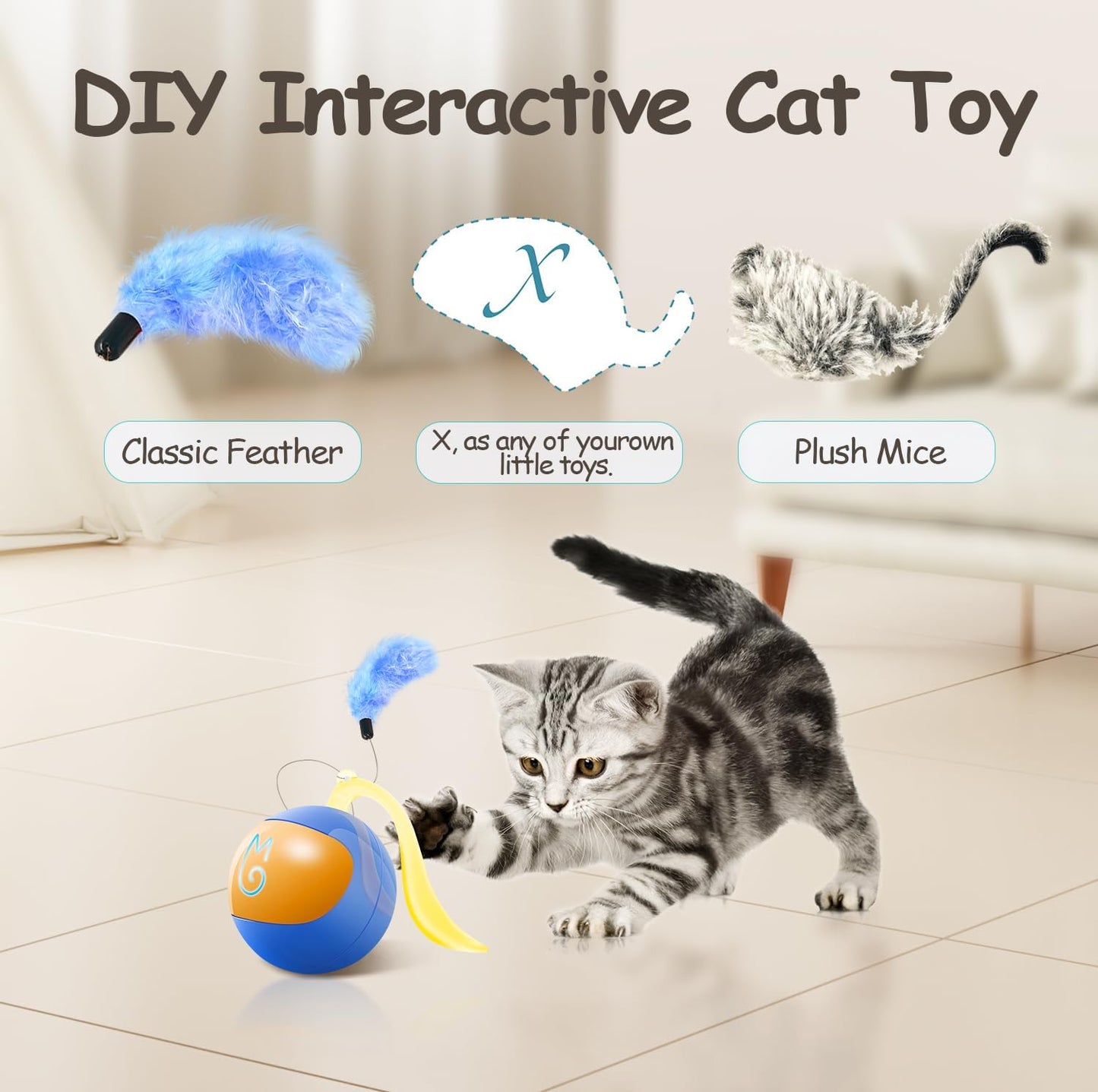 Migipaws Interactive Cat Ball Toy Set, Fun Tracker, Automatic Rolling Chase Ball with Fluffy Tail, A Small Mice, Rechargeable (Blue)