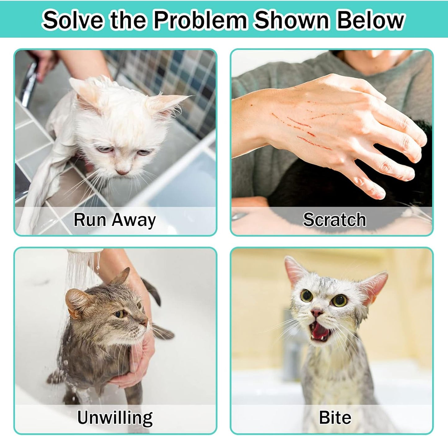 JULMELON Cat Washing Bag 10 PCS Set, Adjustable Cat Shower Net Bag and Pet Grooming Brush with Nail Clipper Nail File Hair Combs Tick Tool Nail Caps for Bathing Nail Trimming Examination(Pink+Green)