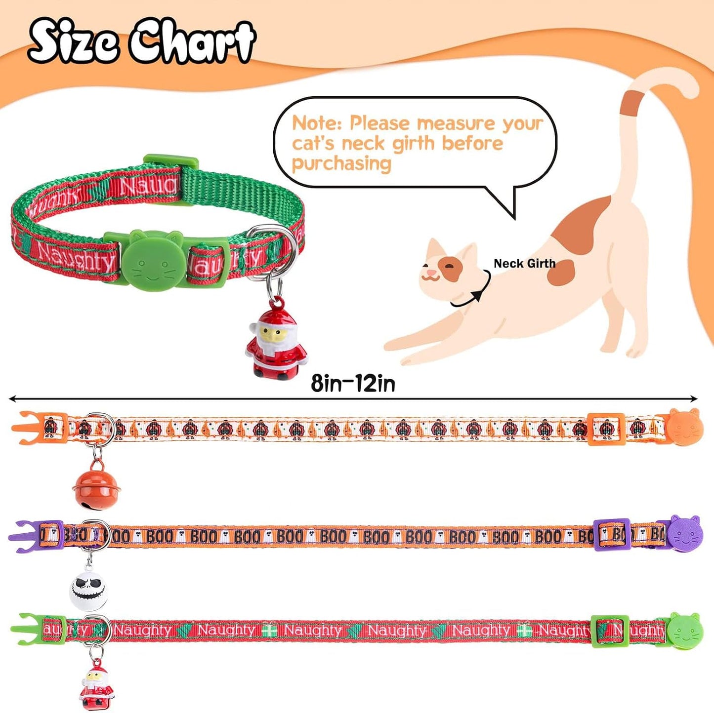 Halloween Cat Collar with Bells, Thanksgiving Cat Collar Breakaway, Christmas Kitten Collars for Girl Boy Cats, Fall Kitty Holiday Collars Adjustable 8-12inch