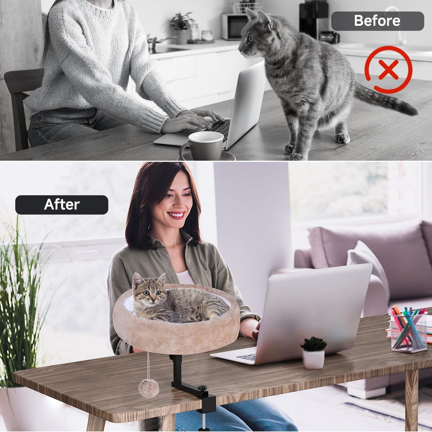 Cat Desk Bed - 360° Rotating & Adjustable, Supports 44 lbs, Soft Faux Fur with Dual-Sided Reversible Mat, Modern Indoor Cat Nest Furniture for Office Desks and Game Tables, Island Table