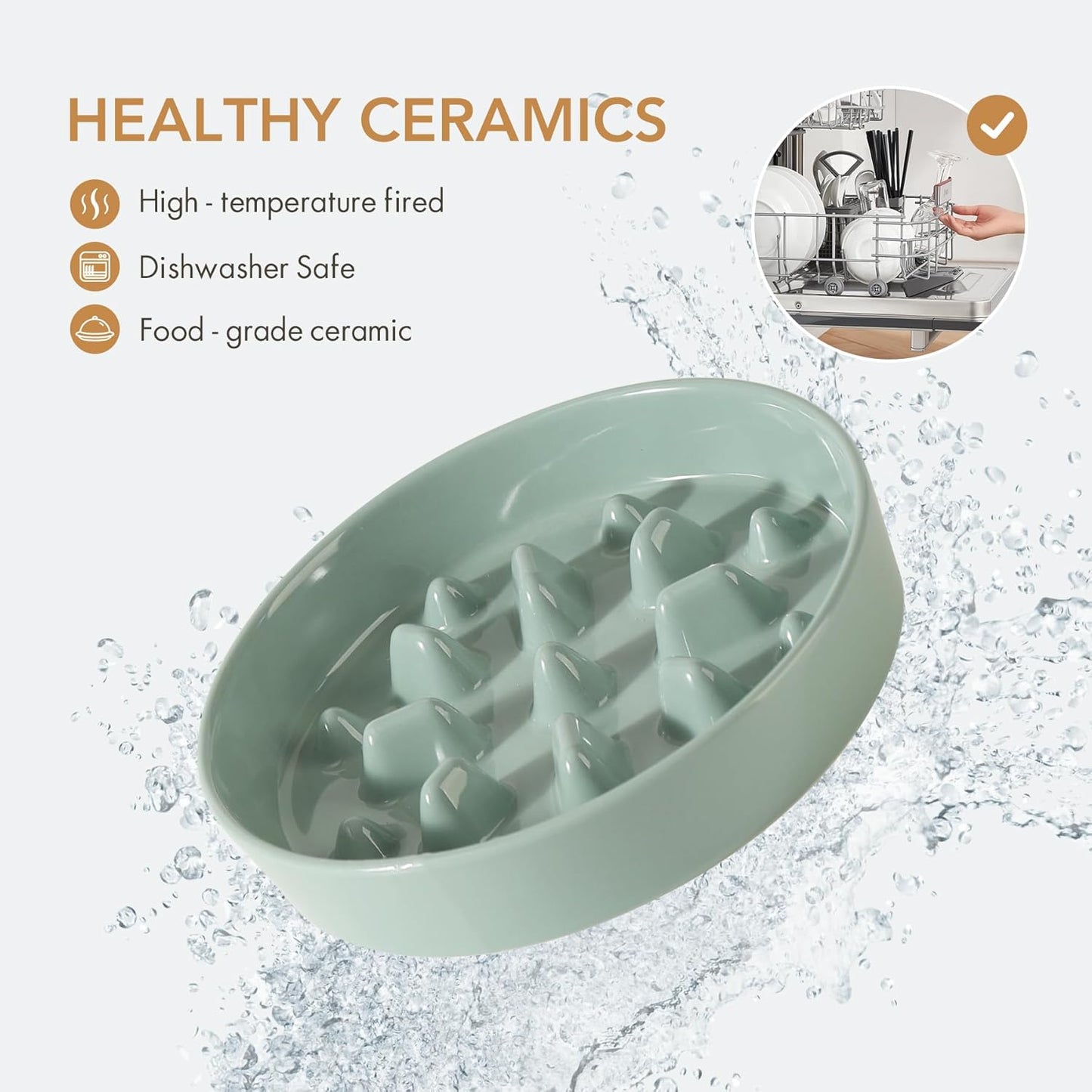 Ceramic 1.6 Cup Dog Bowl Slow Feeder, 8.2 inch Slow Pet Food Dish for Medium and Large Dog, Stop Bloat, Preventing Choking(Single Bowl, Light Green)