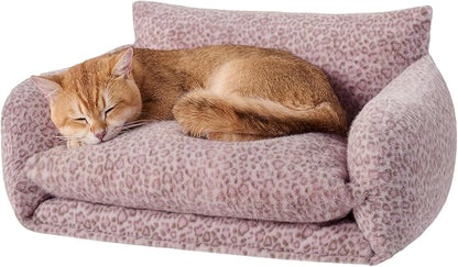 Hollypet Cat Bed Fluffy Plush Mutifuctional Double-Layer Soft Pet Couch Orthopedic Sofa Nest Beds for Small Cats and Dogs, Pink Leopard (21x15x8 inch)