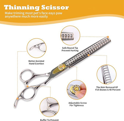 7 Inch Professional Dog Grooming Scissors Kit, 6-in-1 Grooming Scissors for Dogs, Pet Grooming Shears Set, Straight Scissor & Thinning Shear & Curved Scissor & Chunker Shear (Silver)