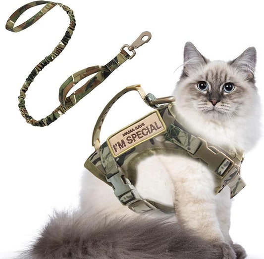 AIWAI Tactical Cat Harness for Walking Escape Proof, Adjustable Pet Vest Harness, Soft Mesh with Control Handle for Large Cat Small Dog, Gift with Patch (Camouflage, cat Harness and Leash Set)
