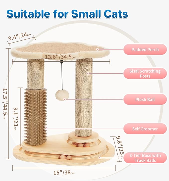 Made4Pets Cat Scratching Post, Cat Self Groomer for Indoor Cats, Cloud Soft Perch for Rest, 17.5" Tall Natural Sisal Scratcher Cat Grooming Interactive Ball Track Toys for Small Cats Kittens
