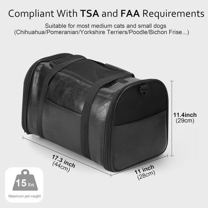 Fashion Leather Dog Carrier Cat Carrier Airline Approved Pet Carrier for Small Medium Dogs Cats Under 15Lbs, Collapsible Soft Sided Travel Puppy Carrier
