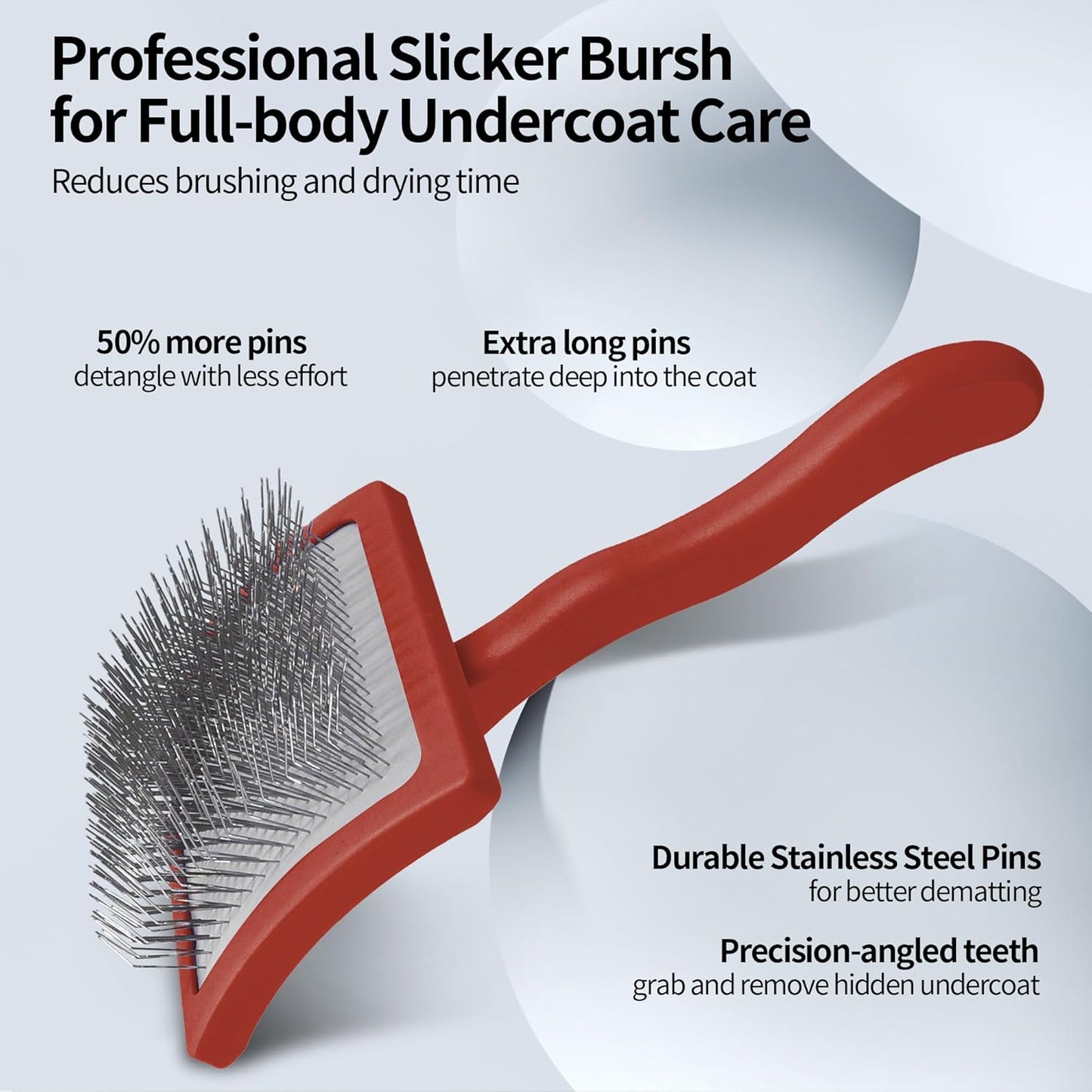 Pet Slicker Brush for Long & Short Hair - Detangling Tool for Dogs & Cats - 135° Angled Stainless Steel Pins, Curved Handle - Gentle Grooming for Small/Medium/Large Breeds (Red)