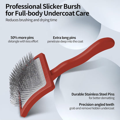 Pet Slicker Brush for Long & Short Hair - Detangling Tool for Dogs & Cats - 135° Angled Stainless Steel Pins, Curved Handle - Gentle Grooming for Small/Medium/Large Breeds (Red)