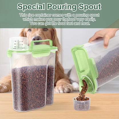 5-7Lbs/6Qt Dog Cat Storage Container Portable with Upgraded Large Spout and Cup, Plastic Pet Food Dispenser for Small Animal Kibble, Bird Seed, Oatmeal, Rice, Flour, Brown Sugart (Clear Green)