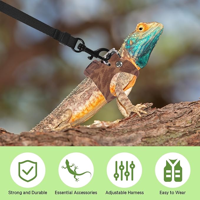 Bearded Dragon Lizard Leash Harness 3 Size Pack Leopard Print Lizard Harness Leash for Outdoor Small Reptiles Animal Squirrels (Brown)