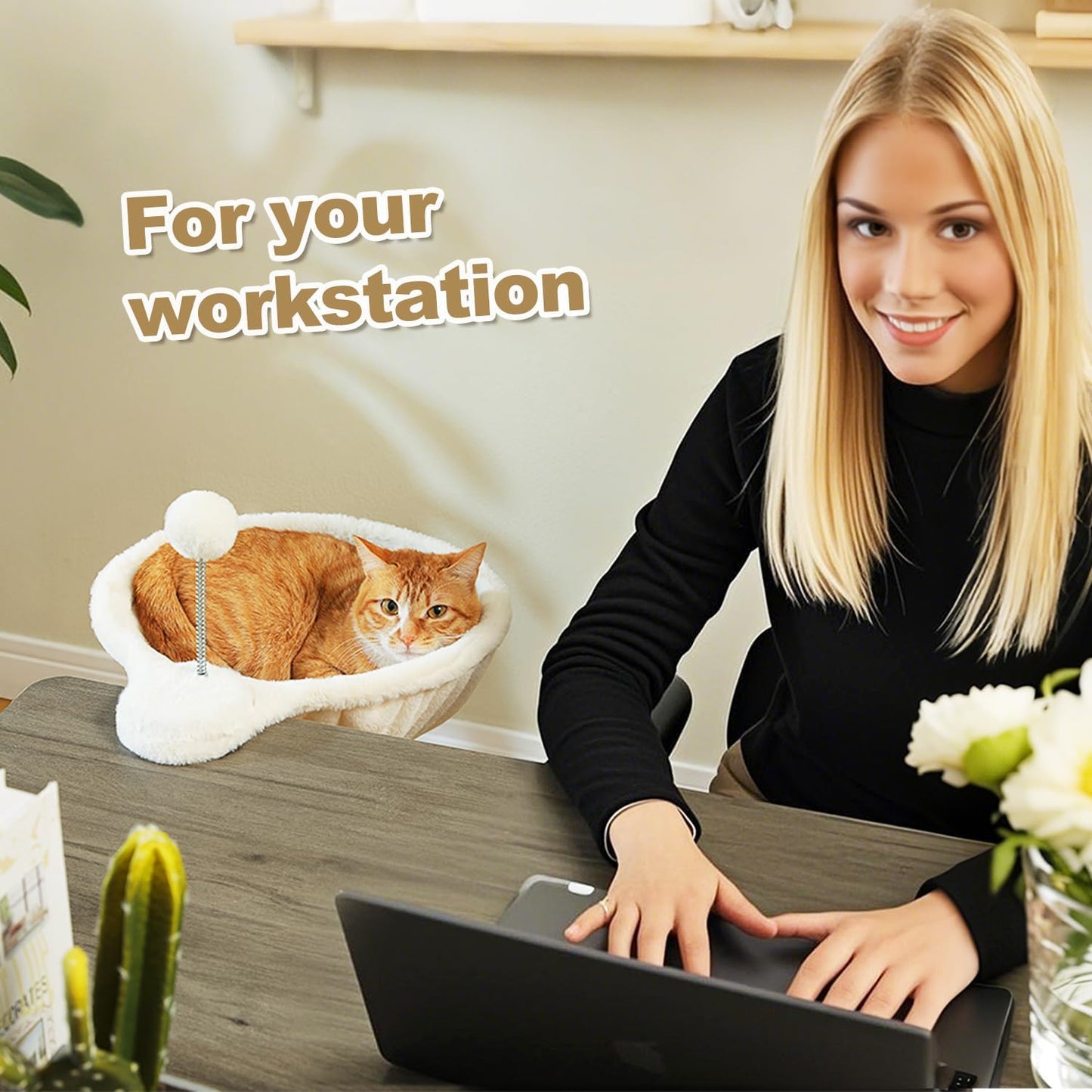 PAWZ Road Cat Bed for Desk, Large Cats Hammock with Plush Ball，12 Inches in Diameter,Space-Saving Cat Desk Bed, White Cats Hammock for Table Supports Up to 40lbs, Medium