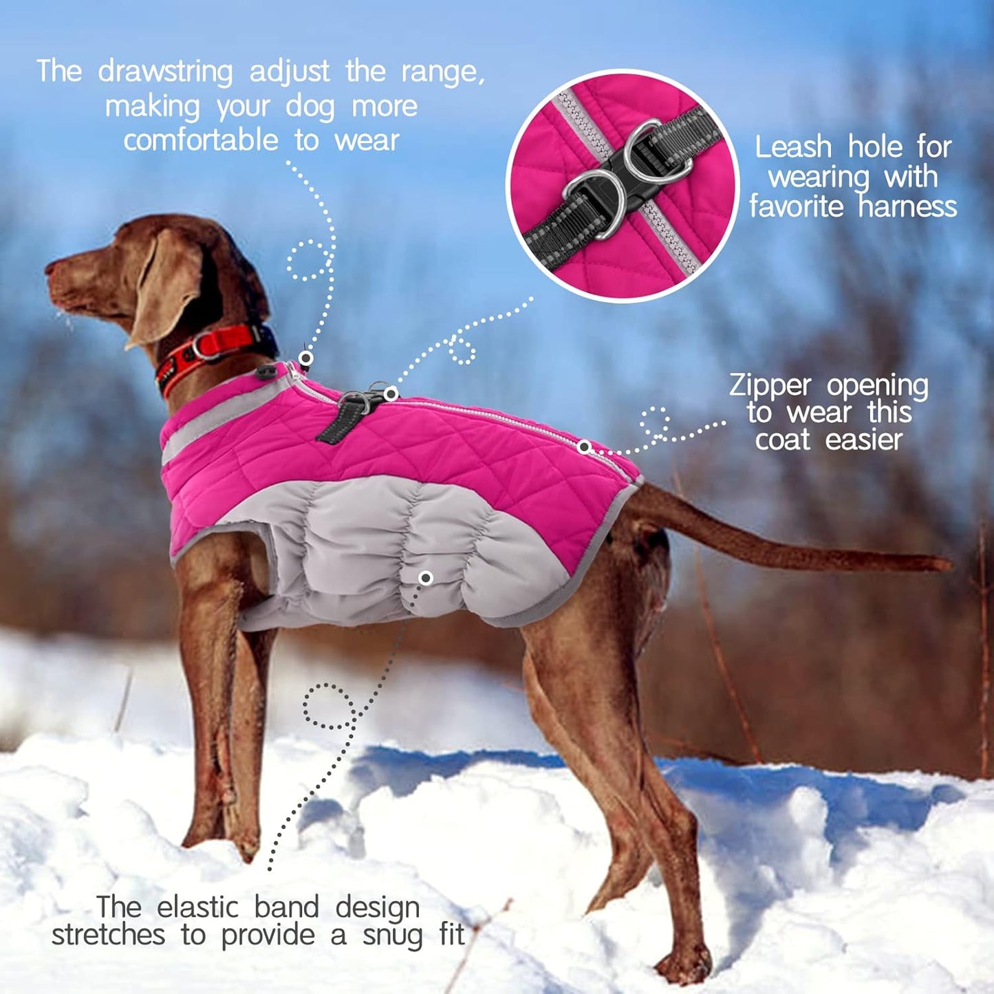 FUAMEY Dog Coat for Large Dogs,Waterproof Dog Winter Jacket with Harness Built in Puppy Cold Weather Coats Reflective Pet Vest with Zipper Warm Fleece Dogs Snowsuit Windproof Pink XXXL