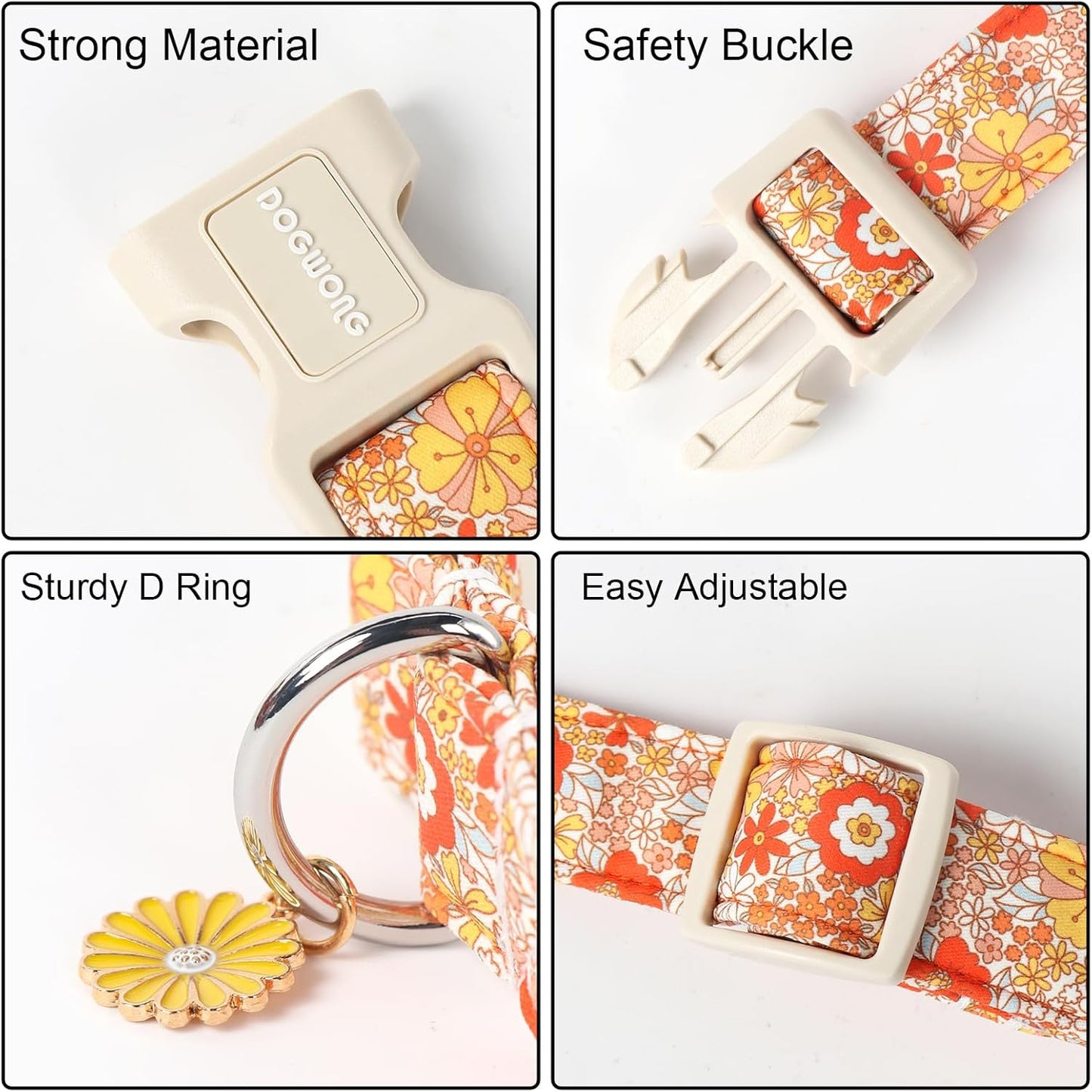 DOGWONG Fall Flower Dog Collar- Cute Flower Dog Collars Adjustable Floral Dog Collar for Girl Female Small Medium Large Dogs XL