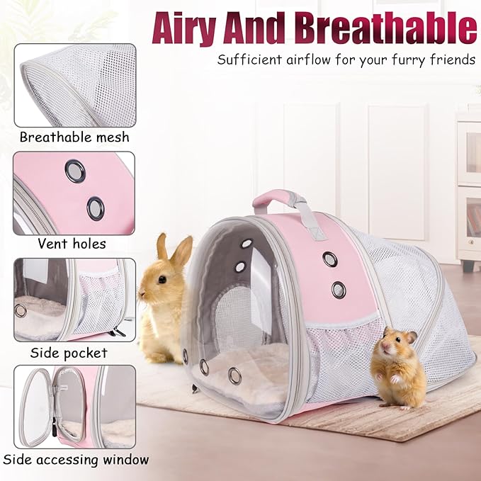 Back Expandable Backpack for Small Animals, Portable Travel Bag Breathable Pet Carrier Cages for Bunny, Guinea Pig, Bearded Dragon, Lizard, Rabbit, Squirrel, Tortoise, Kitten, Sugar Glider