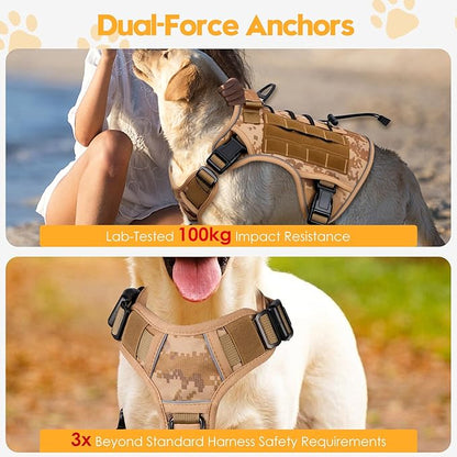 Heavy-Duty Tactical Dog Harness for Large Dogs, No Pull Adjustable Reflective Pet Vest with Molle System, K9 Military-Grade Control for Service Training, Outdoor & 10+ Breeds, Khaki Camo, Large