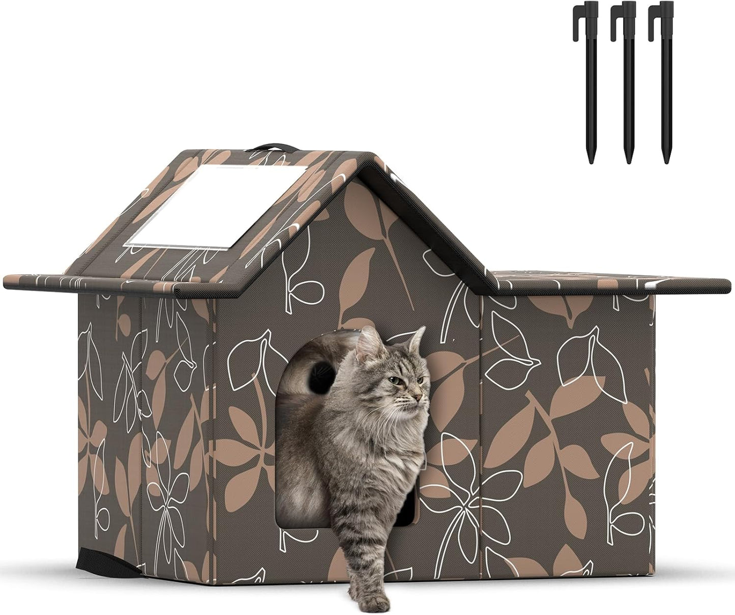 Outdoor Cat House Weatherproof, Large Feral Cat House for Winter, Collapsible Outdoor Cats Shelter in Winter with Door and Soft Mat, Easy to Assemble (Brown)