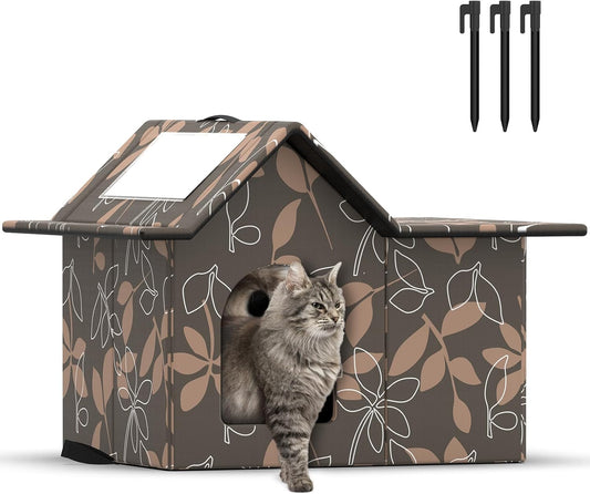 Outdoor Cat House Weatherproof, Large Feral Cat House for Winter, Collapsible Outdoor Cats Shelter in Winter with Door and Soft Mat, Easy to Assemble (Brown)