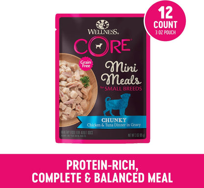 Wellness CORE Natural Grain Free Small Breed Mini Meals Wet Dog Food, Chunky Chicken & Tuna Dinner in Gravy, 3-Ounce Pouch (Pack of 12)