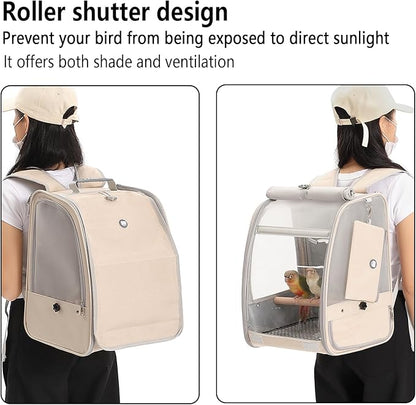 Bird Carrier Backpack, Portable Travel Bird Cage with Standing Perch, 2 Feeder Cups, Iron Mesh Stand & Removable Tray Lightweight, Breathable Mesh Window for Parrot Carrier，Easy Clean (Cream)