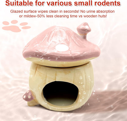 Mushroom Ceramic Hamster Hideout, Water Bottle with Stand, Food Bowl, Hamster Accessories (Pink)
