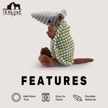 Hollypet Plush Dog Squeaky Toy Stuffed Armadillo Animal Pet Puppy Chew Toys with Clean Teeth for Small Medium Large All Breed Sizes Dogs, Light Green and Olive Drab,8 in