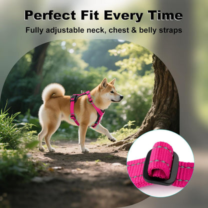 Plutus Pet Adjustable No Pull Dog Harness with Leather Accents, Heavy Duty Reflective Nylon Vest for Training, Hiking, Easy Walk Harness for Small, Medium, Large Dogs (Hot Pink, M)