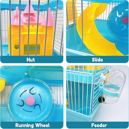 Tfwadmx Hamster Carrier, Dwarf Hamster Travel Cage, Portable Cages with Water Bottle, Gerbil Travel Carry Case Outdoor Vacation House for Small Mice(Blue,10.6”x8”x11.4”)