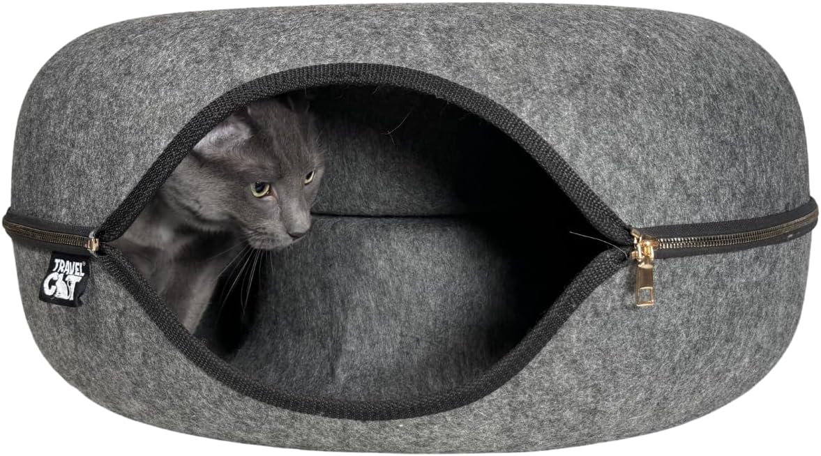 Travel Cat Tunnel Bed Cave - 21 Inch Large Premium Grey Round Donut Cat Cave for Indoor Cats, Kitten - Detachable Cat Hideaway Cat Bed with Tunnel for Playing, Scratching, Sleeping