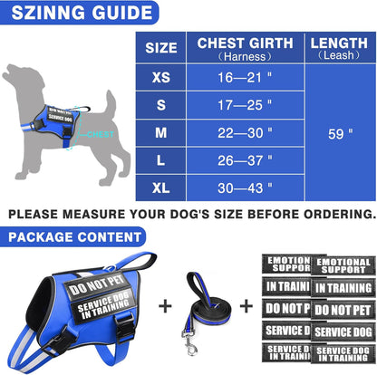 Service Dog Vest Harness and Leash Set+10 Patches,No Pull&Easy Walk Reflective Dog Harness with Soft Padded Handle for Training/Everyday,Fit Small/Medium/Large/Extra-Large Dogs (Blue S)