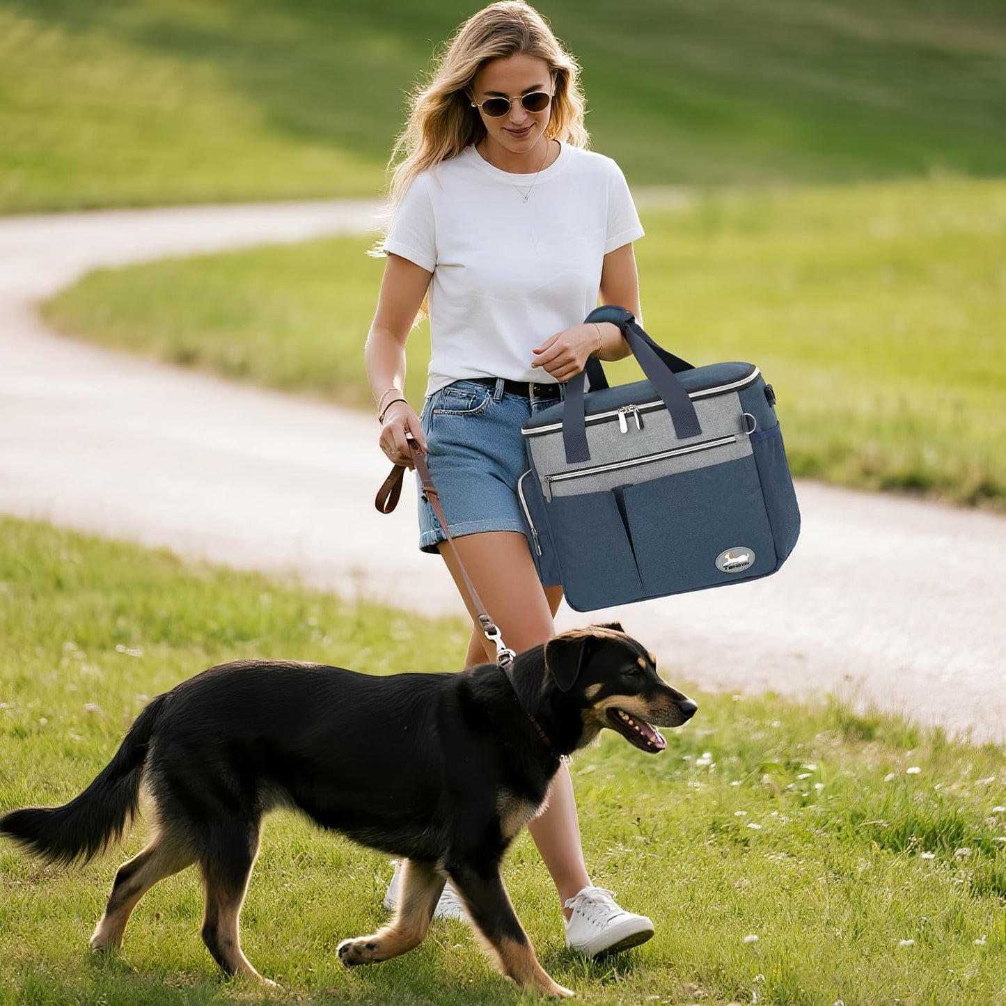 Dog Travel Bag for Pet Kit for Supplies with 2 Food Storage Containers 2 Collapsible Bowls 1 Feeding Mat 1 Dog Treat Pouch 7-Piece Set Perfect Road Trips Camping Weekend Doggy Gift, Navy Blue