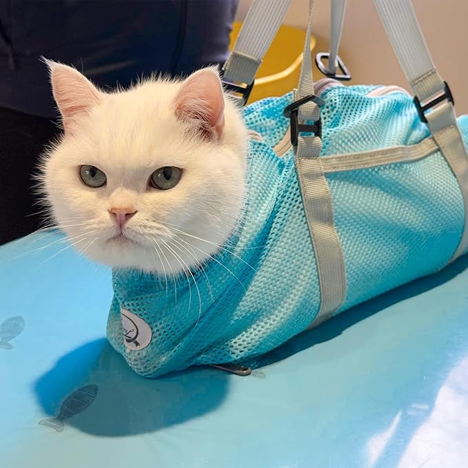 Cinf Cat Bathing Bag(Free Muzzle) Breathable Mesh Anti Scratch Adjustable Cat Grooming Bag for Nail Trimming, Bathing Soft Cat Washing Bag(Light Blue) L